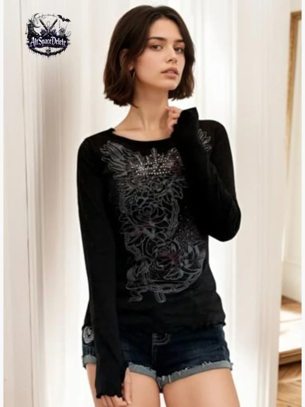 Vintage Y2K Graphic Sweatshirt Slim Fit Crop Top Long Sleeve Streetwear - Picture 6 of 6